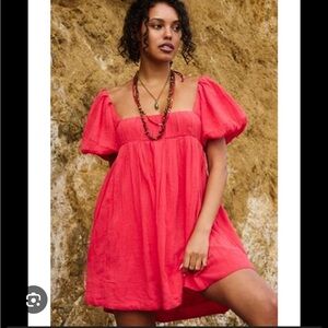 Free People Marina Elegant Red Puff Sleeve Dress
